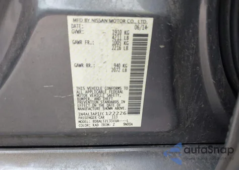 2015 Nissan Altima 2.5 Sl z USA, uszkodzony, nr VIN 1N4AL3AP1FC122226